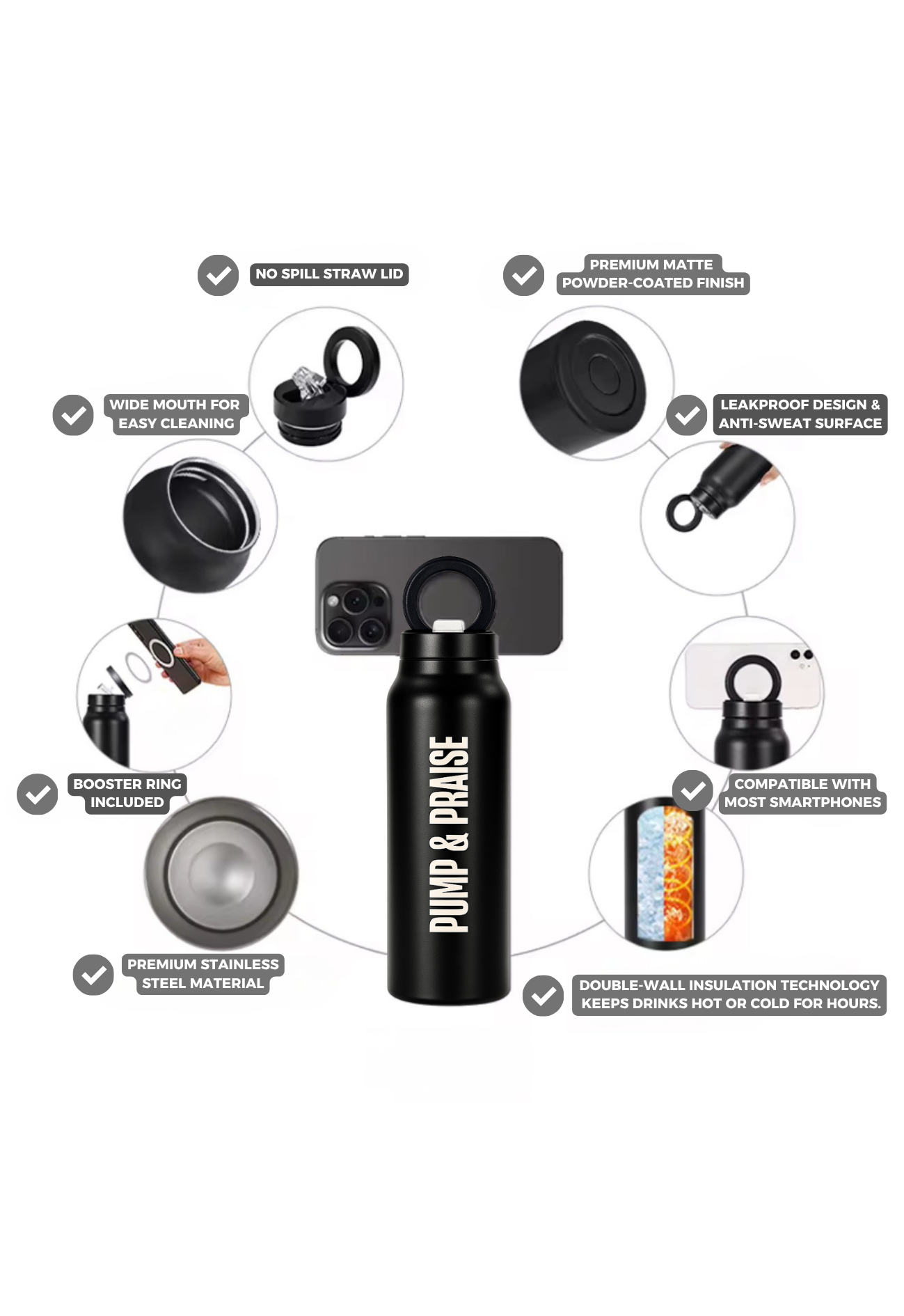 PUMP & PRAISE MATTE BLACK MAGNETIC LID STAINLESS STEEL BOTTLE