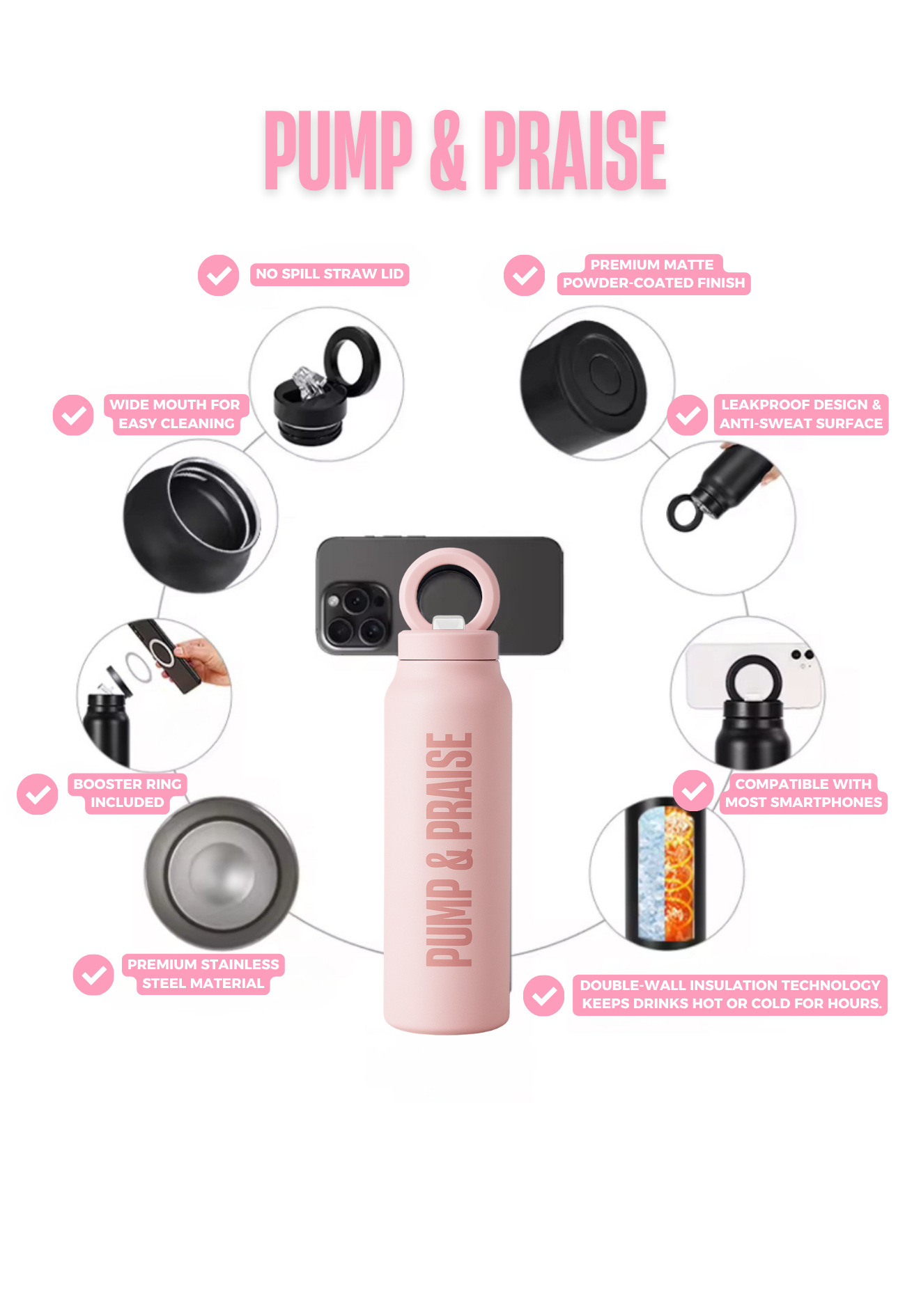 PUMP & PRAISE BLUSH PINK MAGNETIC LID STAINLESS STEEL BOTTLE