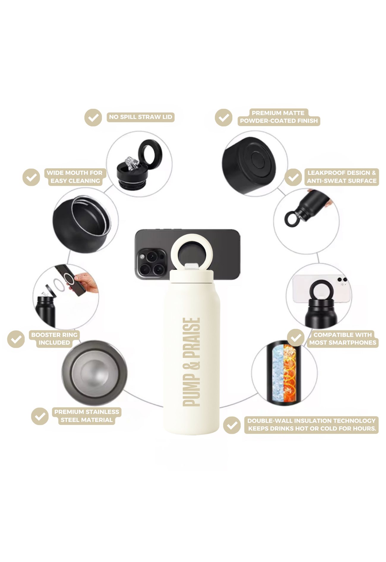 PUMP & PRAISE CREAM WHITE MAGNETIC LID STAINLESS STEEL BOTTLE
